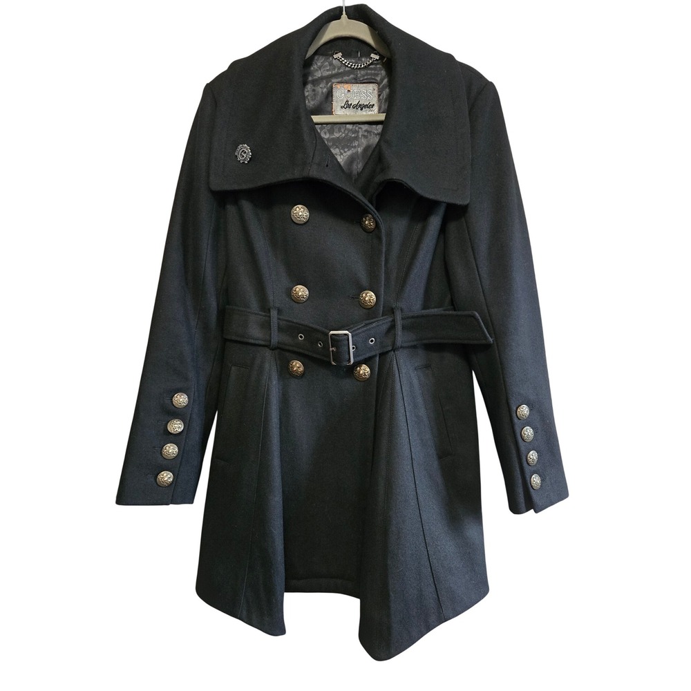 Guess L.A. Indie Chic Black Wool Blend Double Breasted Belted Peacoat Women LG
